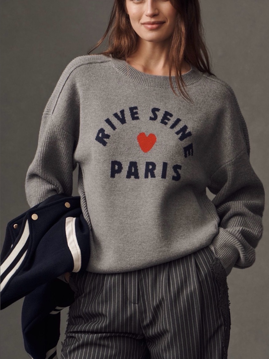 Anthropologie Maeve Graphic Rive Seine Paris Sweater Gray Preppy Size Medium New
